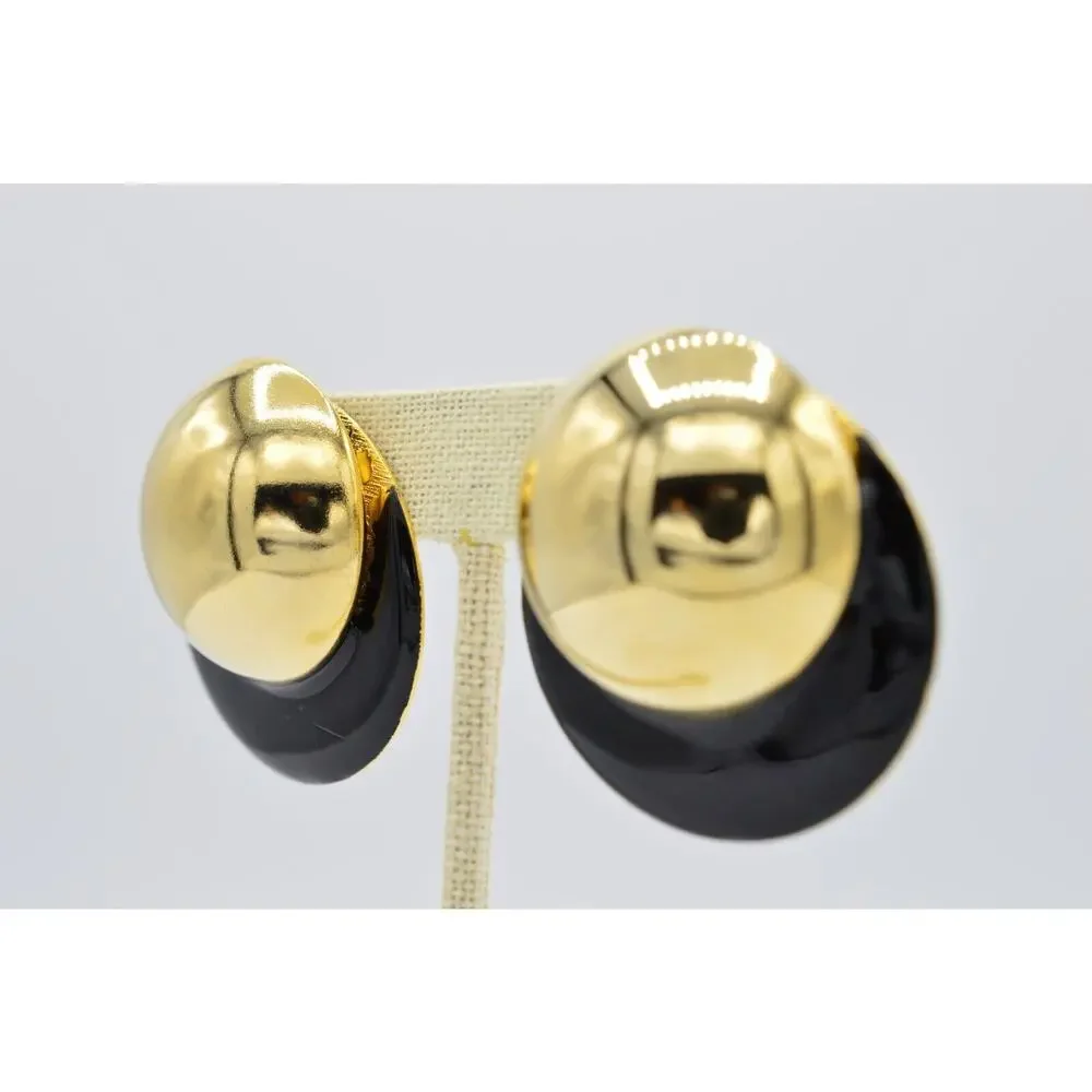 Vintage Post Round Earrings Black Enamel Shiny Gold Chunky Metal NOS 1980s BinAA